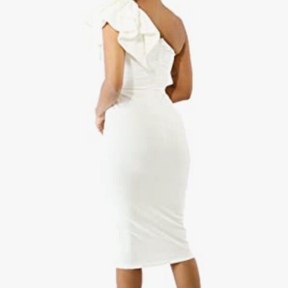 ⭐️mokoru women's sexy ruffle one shoulder sleeveless bodycon midi dress⭐️ - Picture 3 of 9